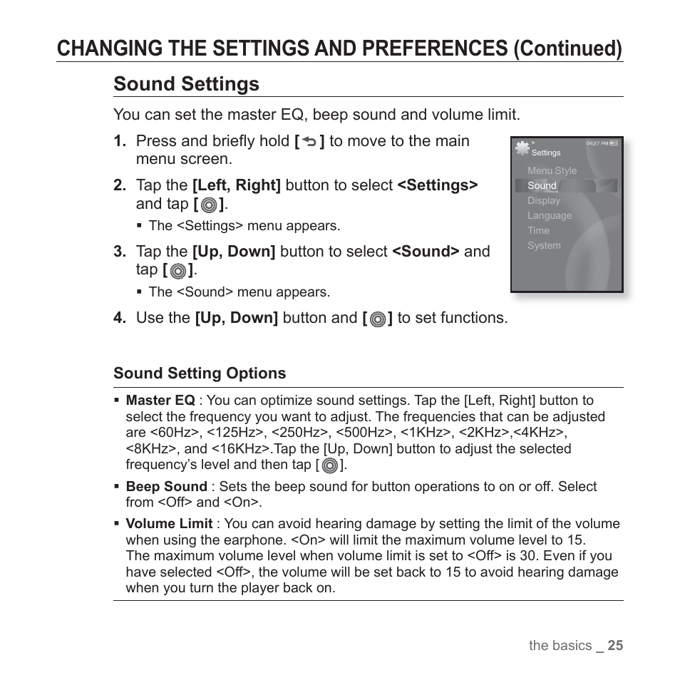 Changing the settings and preferences (continued), Sound settings | Samsung YP-S3JAB-XAA User Manual | Page 25 / 101