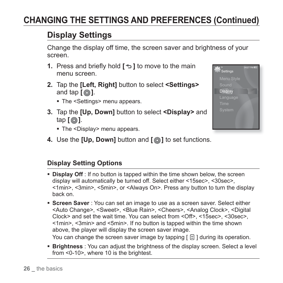 Changing the settings and preferences (continued), Display settings | Samsung YP-S3JAB-XAA User Manual | Page 26 / 101