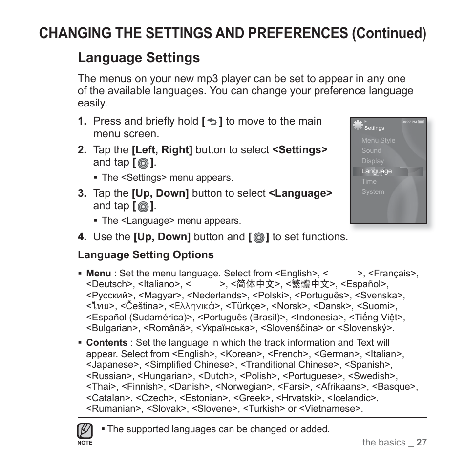 Changing the settings and preferences (continued), Language settings | Samsung YP-S3JAB-XAA User Manual | Page 27 / 101