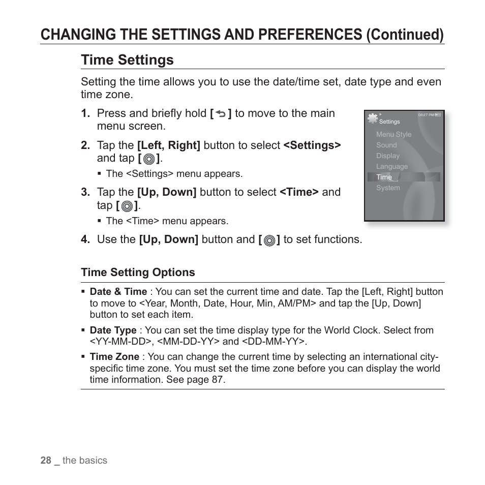 Changing the settings and preferences (continued), Time settings | Samsung YP-S3JAB-XAA User Manual | Page 28 / 101