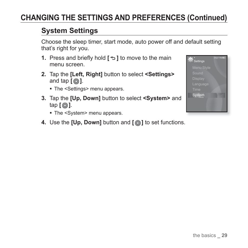 Changing the settings and preferences (continued), System settings | Samsung YP-S3JAB-XAA User Manual | Page 29 / 101