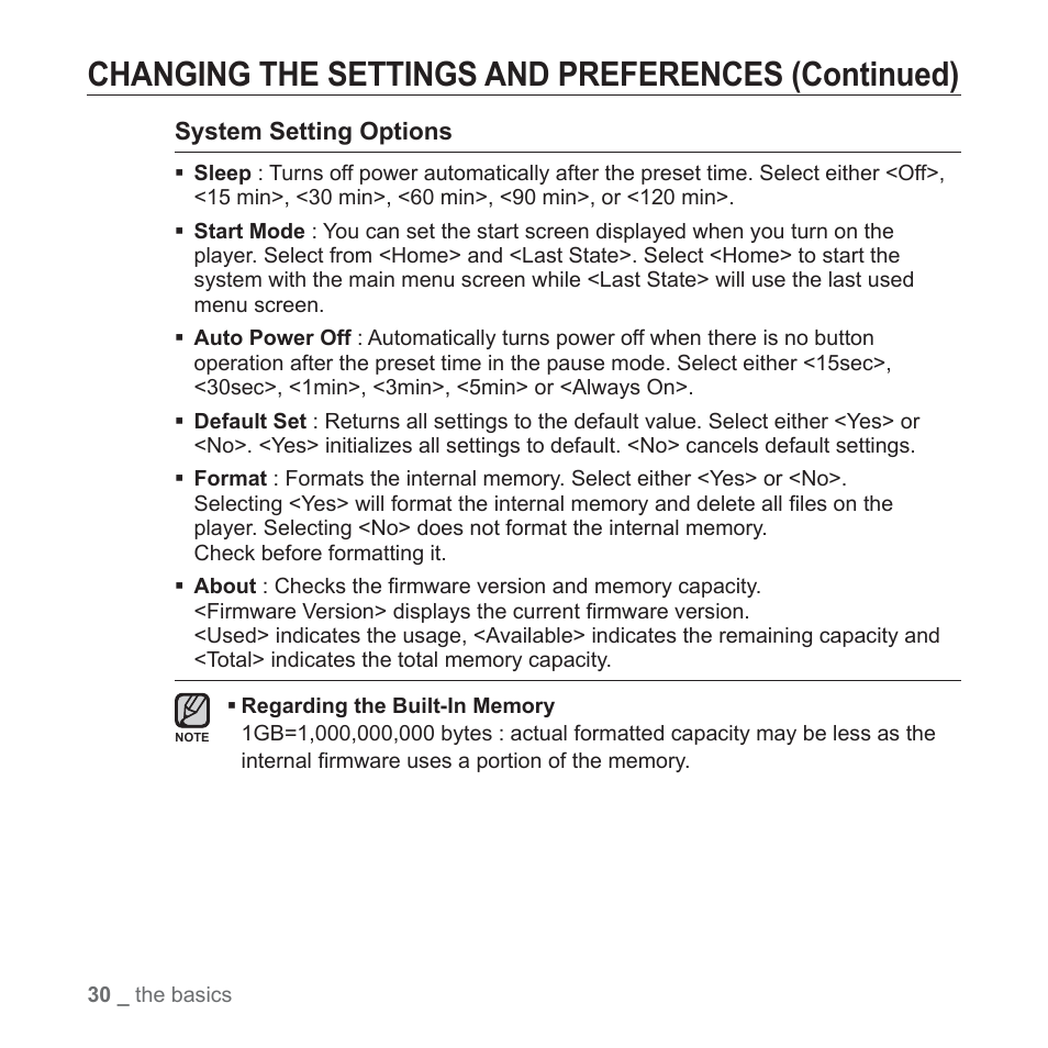 Changing the settings and preferences (continued) | Samsung YP-S3JAB-XAA User Manual | Page 30 / 101