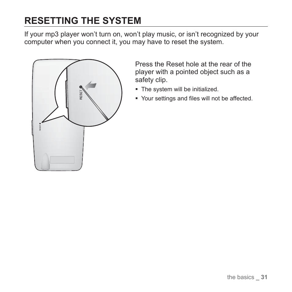 Resetting the system | Samsung YP-S3JAB-XAA User Manual | Page 31 / 101