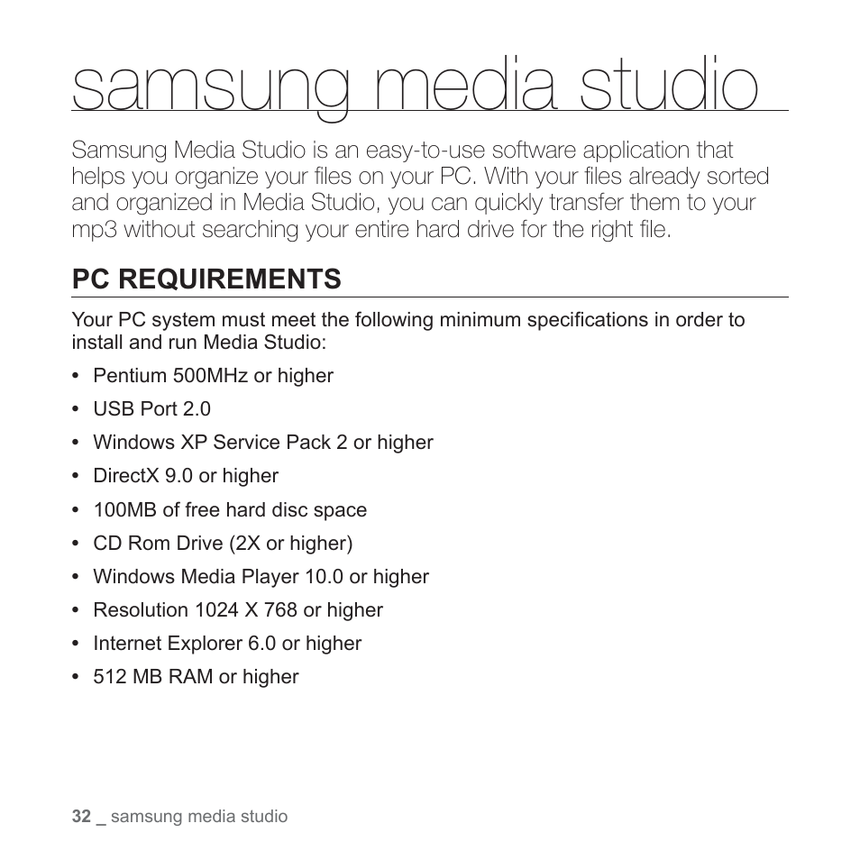 Samsung media studio, Pc requirements | Samsung YP-S3JAB-XAA User Manual | Page 32 / 101