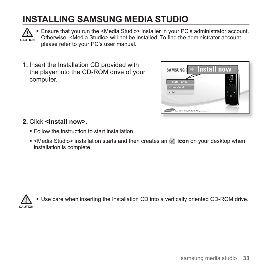 Installing samsung media studio | Samsung YP-S3JAB-XAA User Manual | Page 33 / 101