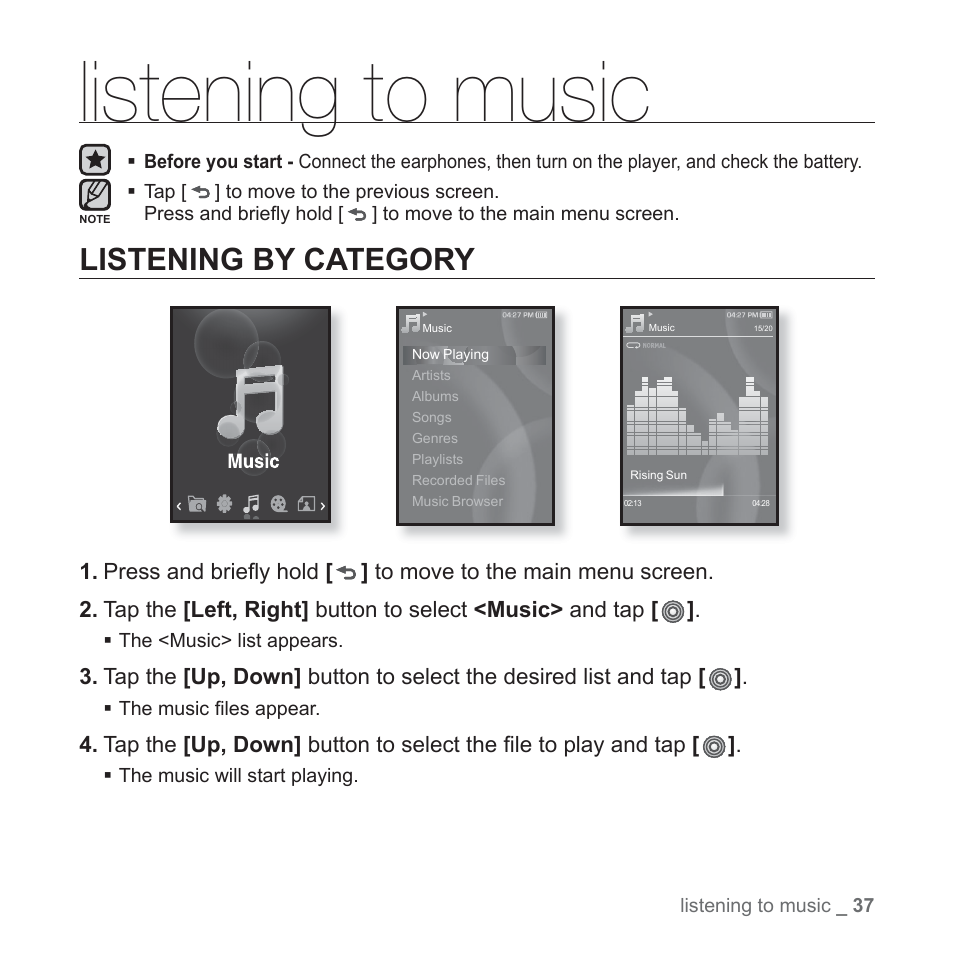 Listening to music, Listening by category | Samsung YP-S3JAB-XAA User Manual | Page 37 / 101