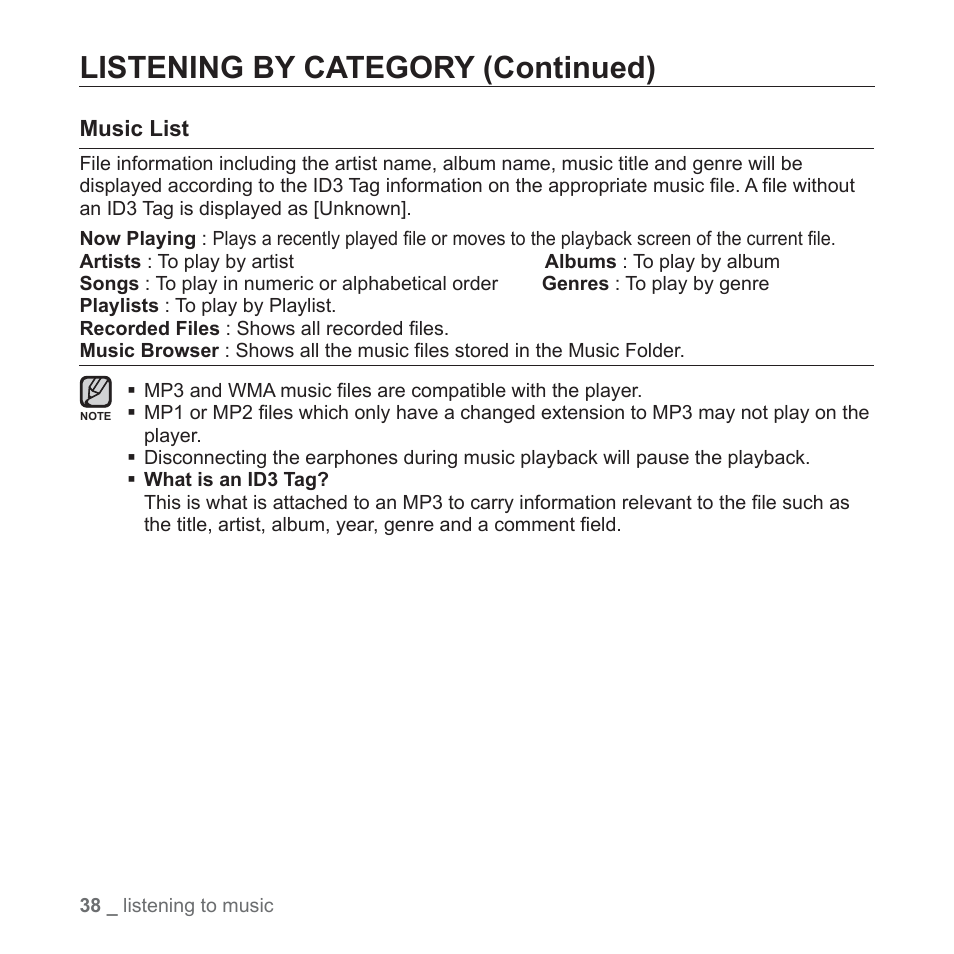 Listening by category (continued) | Samsung YP-S3JAB-XAA User Manual | Page 38 / 101