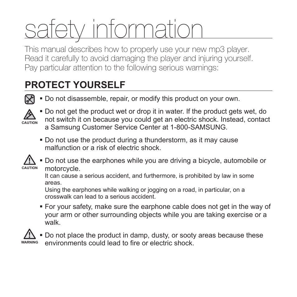 Safety information, Protect yourself | Samsung YP-S3JAB-XAA User Manual | Page 4 / 101