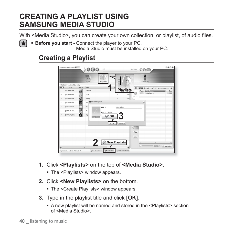 Creating a playlist usingsamsung media studio, Creating a playlist using samsung media studio, Creating a playlist | Samsung YP-S3JAB-XAA User Manual | Page 40 / 101