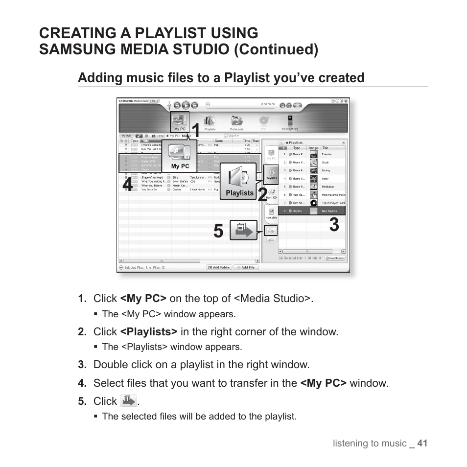 Adding music fi les to a playlist you’ve created | Samsung YP-S3JAB-XAA User Manual | Page 41 / 101