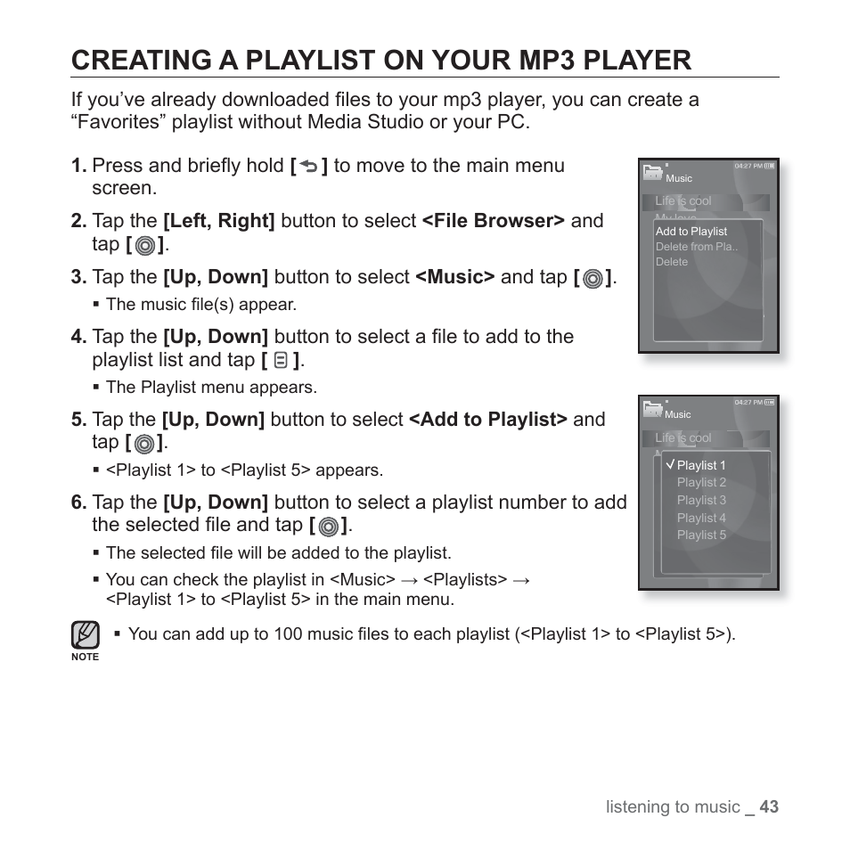 Creating a playlist on your mp3 player | Samsung YP-S3JAB-XAA User Manual | Page 43 / 101