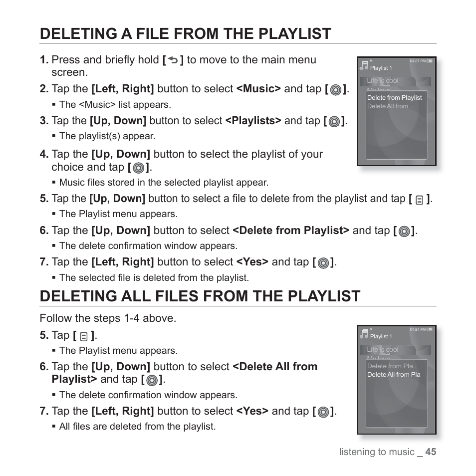 Deleting a file from the playlist, Deleting all files from the playlist | Samsung YP-S3JAB-XAA User Manual | Page 45 / 101