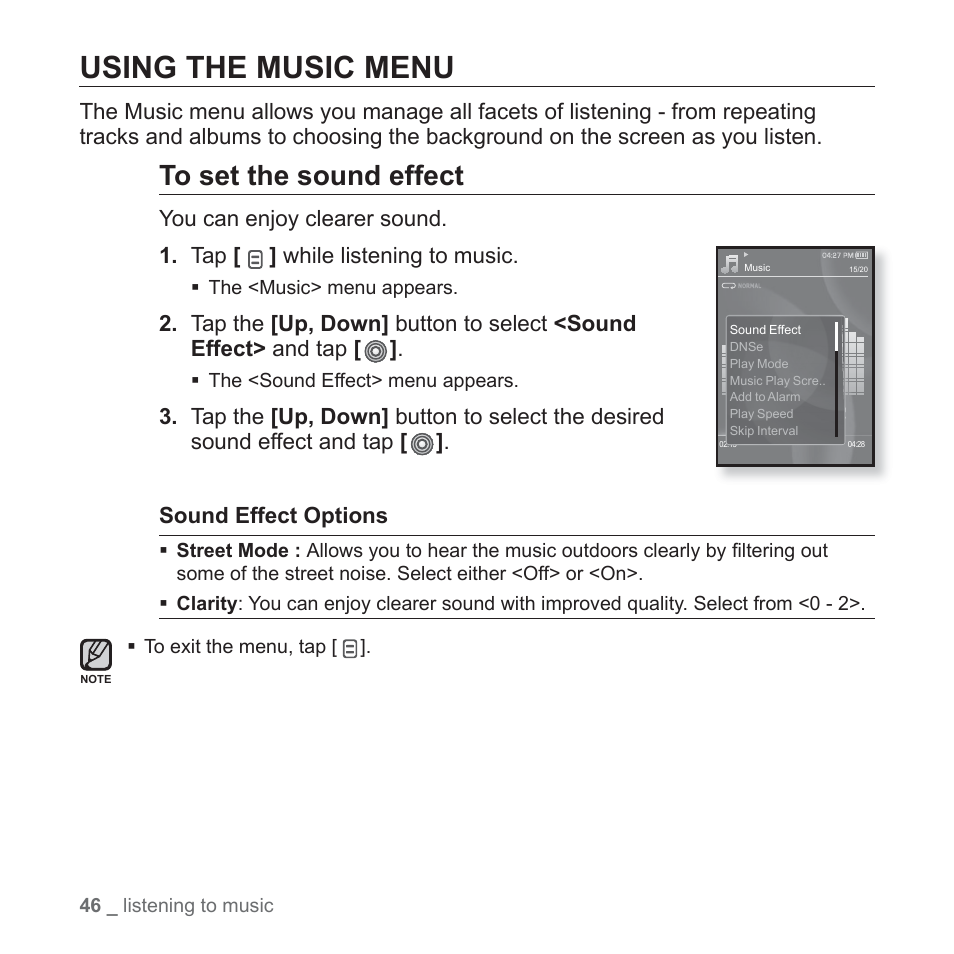 Using the music menu | Samsung YP-S3JAB-XAA User Manual | Page 46 / 101