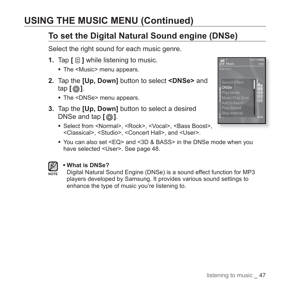 Using the music menu (continued) | Samsung YP-S3JAB-XAA User Manual | Page 47 / 101