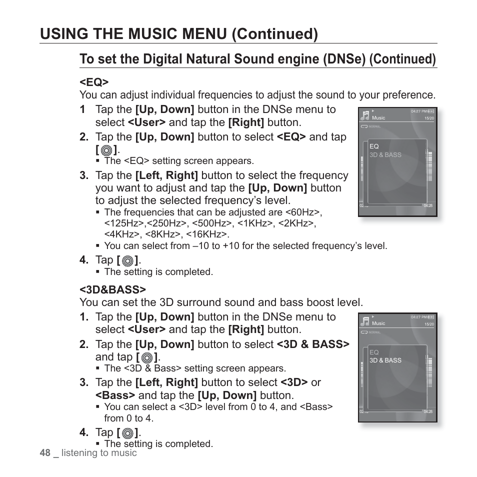 Using the music menu (continued) | Samsung YP-S3JAB-XAA User Manual | Page 48 / 101