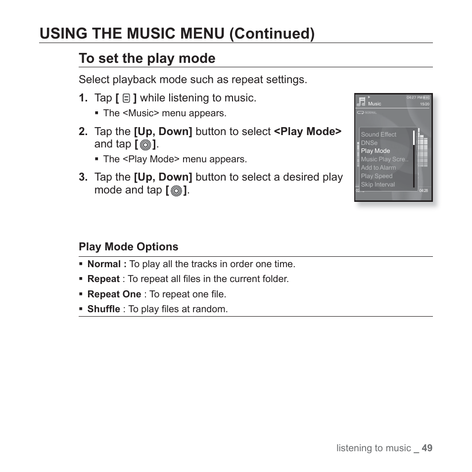 Using the music menu (continued) | Samsung YP-S3JAB-XAA User Manual | Page 49 / 101