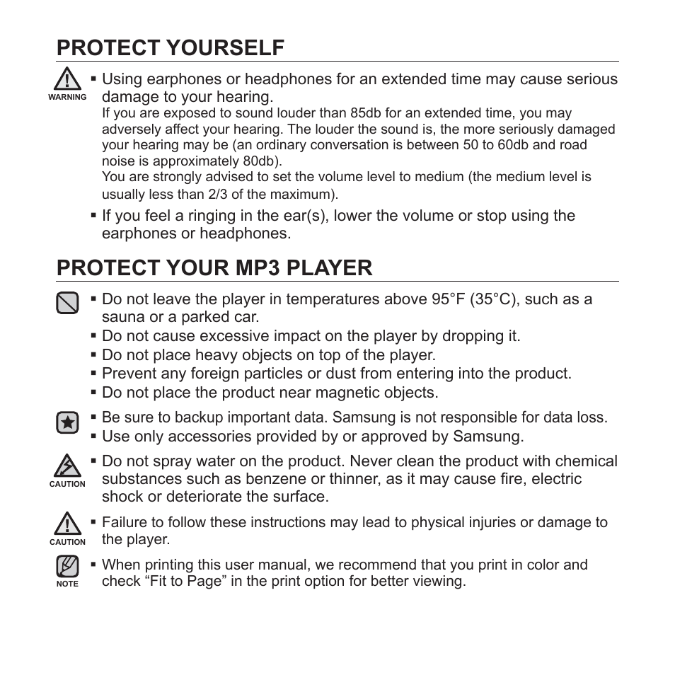 Protect yourself, Protect your mp3 player | Samsung YP-S3JAB-XAA User Manual | Page 5 / 101