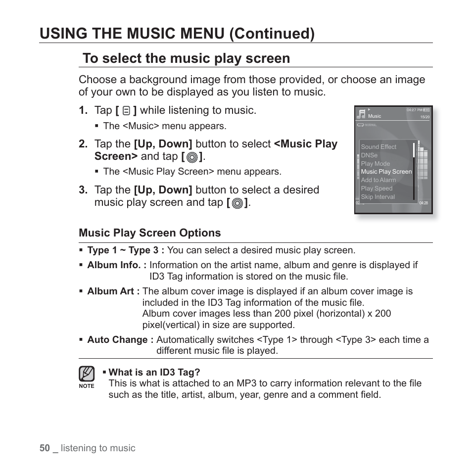 Using the music menu (continued) | Samsung YP-S3JAB-XAA User Manual | Page 50 / 101