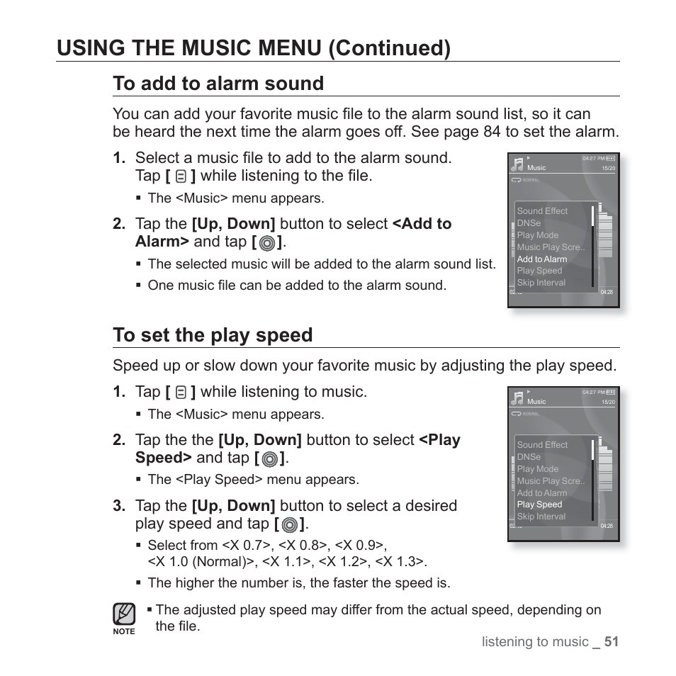 Using the music menu (continued) | Samsung YP-S3JAB-XAA User Manual | Page 51 / 101