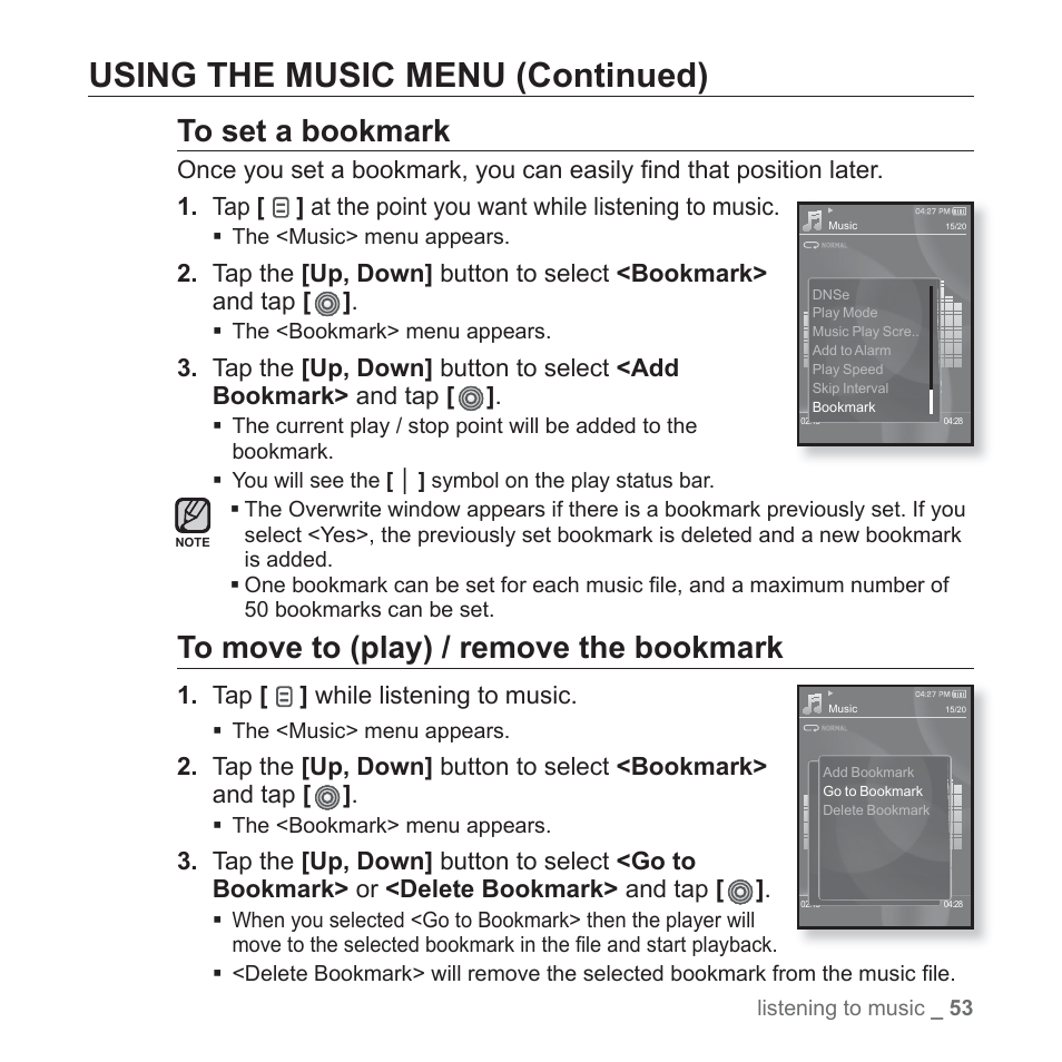 Using the music menu (continued) | Samsung YP-S3JAB-XAA User Manual | Page 53 / 101