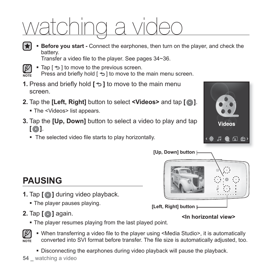 Watching a video, Pausing | Samsung YP-S3JAB-XAA User Manual | Page 54 / 101