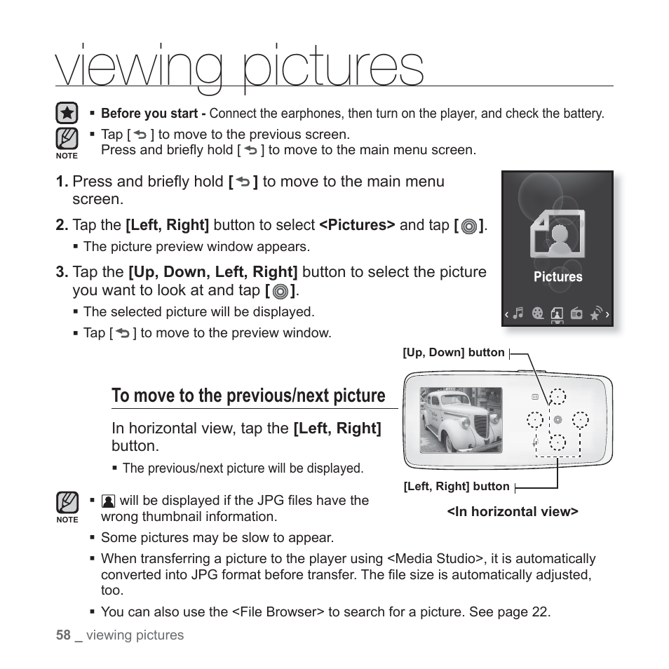 Viewing pictures | Samsung YP-S3JAB-XAA User Manual | Page 58 / 101