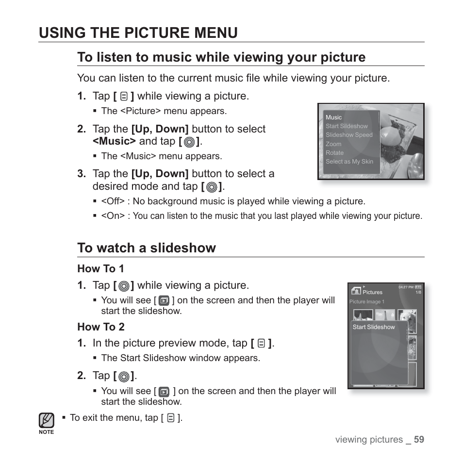 Using the picture menu | Samsung YP-S3JAB-XAA User Manual | Page 59 / 101