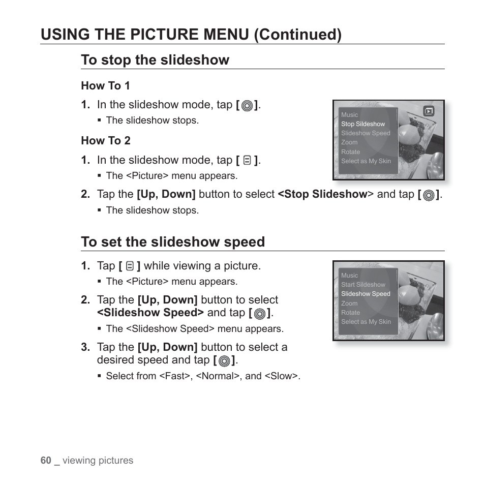 Using the picture menu (continued) | Samsung YP-S3JAB-XAA User Manual | Page 60 / 101