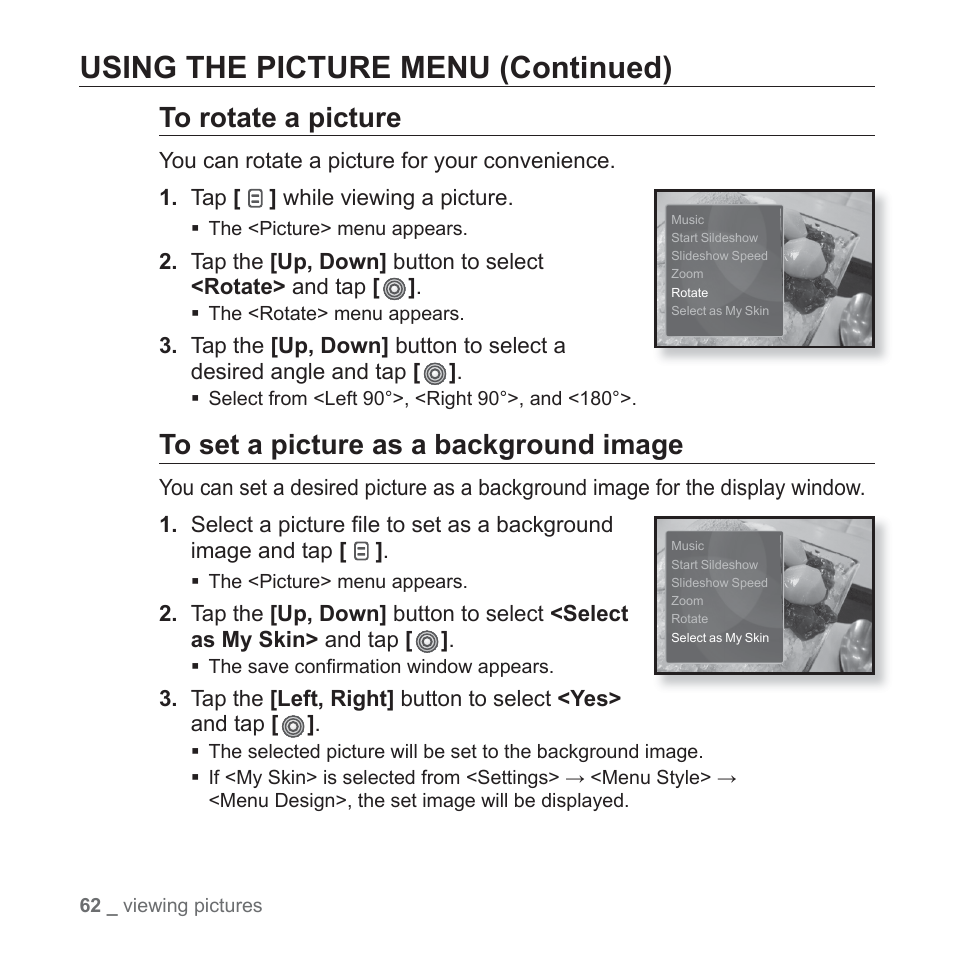 Using the picture menu (continued) | Samsung YP-S3JAB-XAA User Manual | Page 62 / 101