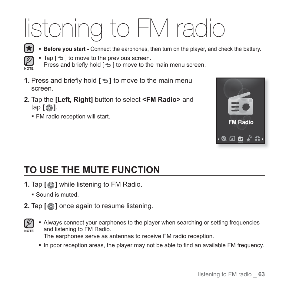 Listening to fm radio, To use the mute function | Samsung YP-S3JAB-XAA User Manual | Page 63 / 101