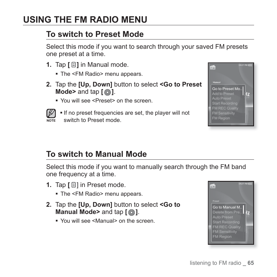 Using the fm radio menu | Samsung YP-S3JAB-XAA User Manual | Page 65 / 101