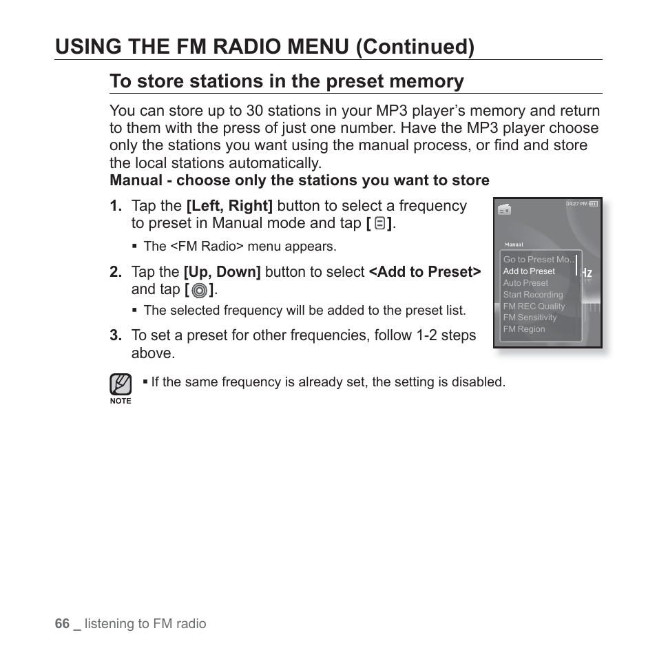 Using the fm radio menu (continued) | Samsung YP-S3JAB-XAA User Manual | Page 66 / 101