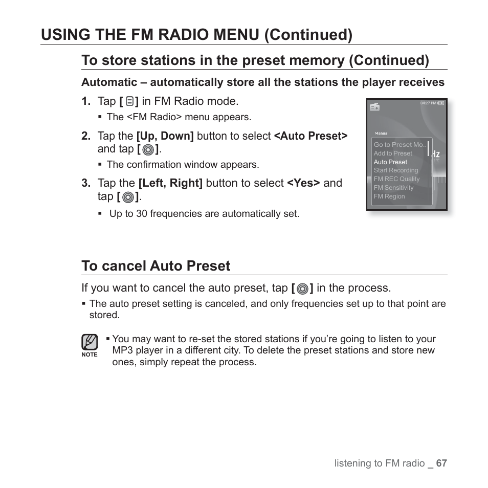 Using the fm radio menu (continued) | Samsung YP-S3JAB-XAA User Manual | Page 67 / 101