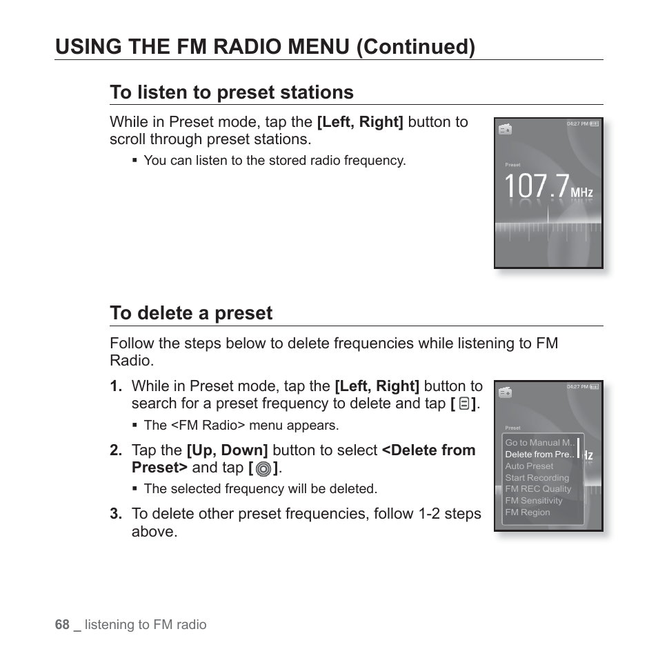 Using the fm radio menu (continued) | Samsung YP-S3JAB-XAA User Manual | Page 68 / 101