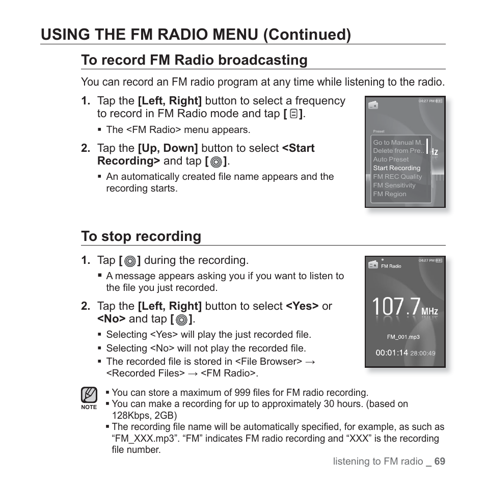 Using the fm radio menu (continued) | Samsung YP-S3JAB-XAA User Manual | Page 69 / 101