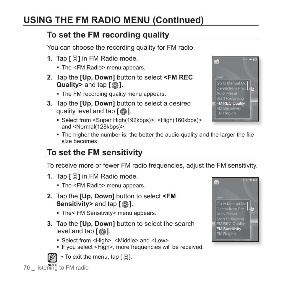 Using the fm radio menu (continued) | Samsung YP-S3JAB-XAA User Manual | Page 70 / 101