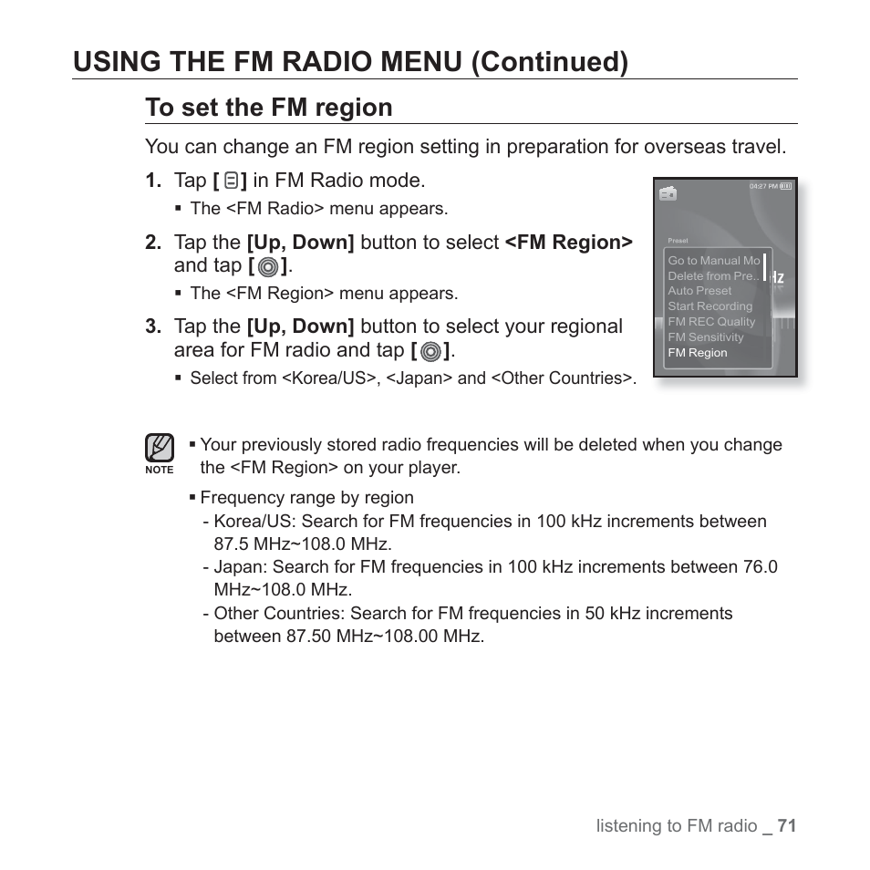 Using the fm radio menu (continued) | Samsung YP-S3JAB-XAA User Manual | Page 71 / 101