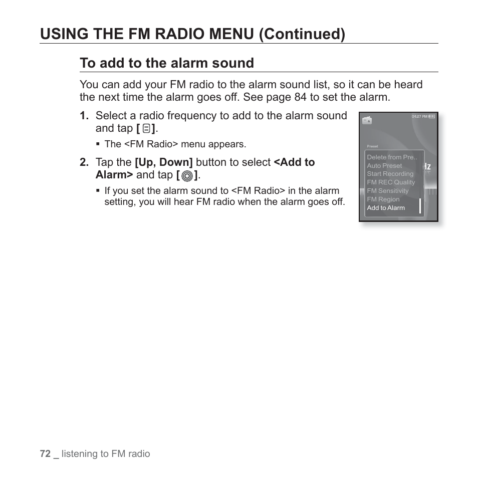 Using the fm radio menu (continued) | Samsung YP-S3JAB-XAA User Manual | Page 72 / 101
