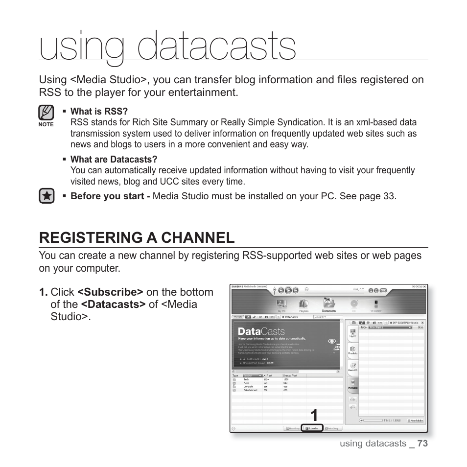 Using datacasts, Registering a channel | Samsung YP-S3JAB-XAA User Manual | Page 73 / 101