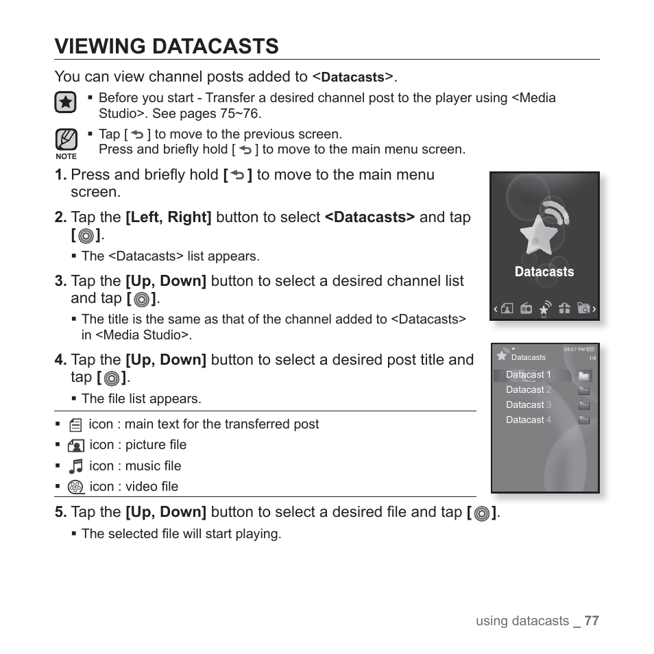 Viewing datacasts | Samsung YP-S3JAB-XAA User Manual | Page 77 / 101