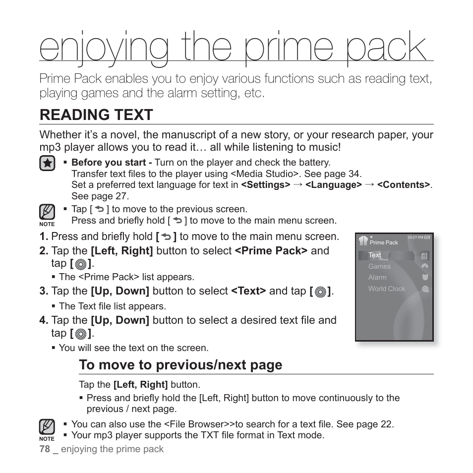 Enjoying the prime pack, Reading text | Samsung YP-S3JAB-XAA User Manual | Page 78 / 101