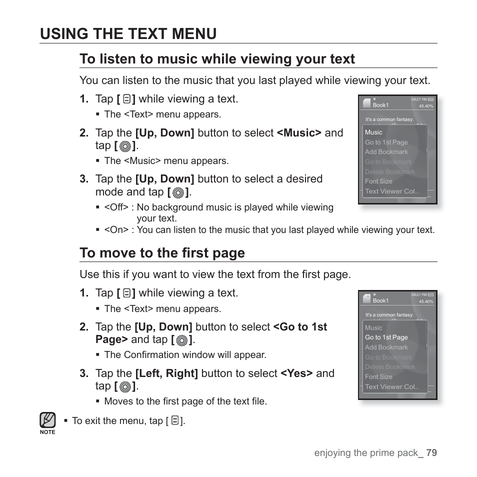 Using the text menu | Samsung YP-S3JAB-XAA User Manual | Page 79 / 101