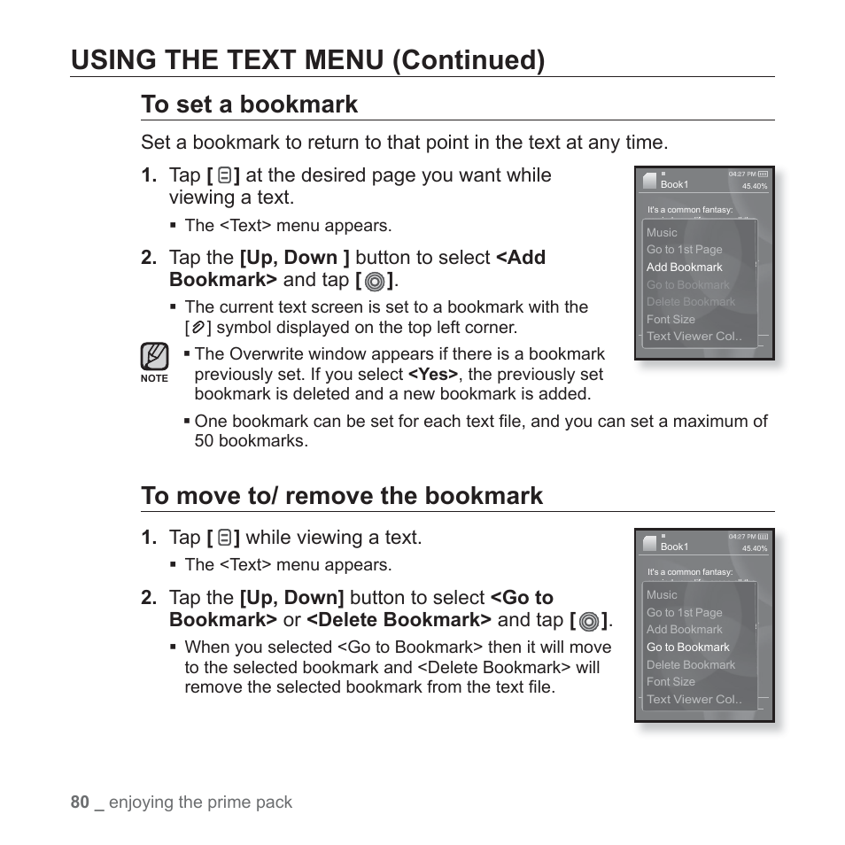 Using the text menu (continued), Tap [ ] while viewing a text | Samsung YP-S3JAB-XAA User Manual | Page 80 / 101