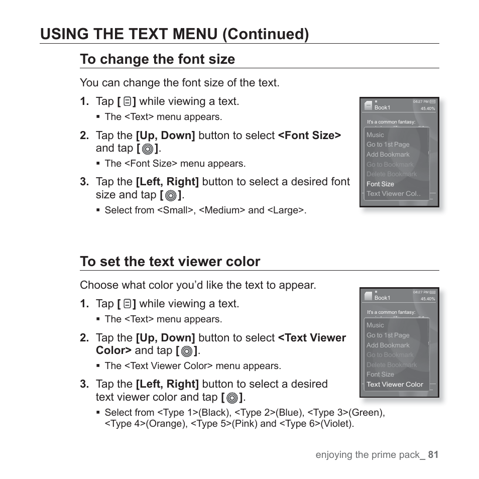 Using the text menu (continued) | Samsung YP-S3JAB-XAA User Manual | Page 81 / 101