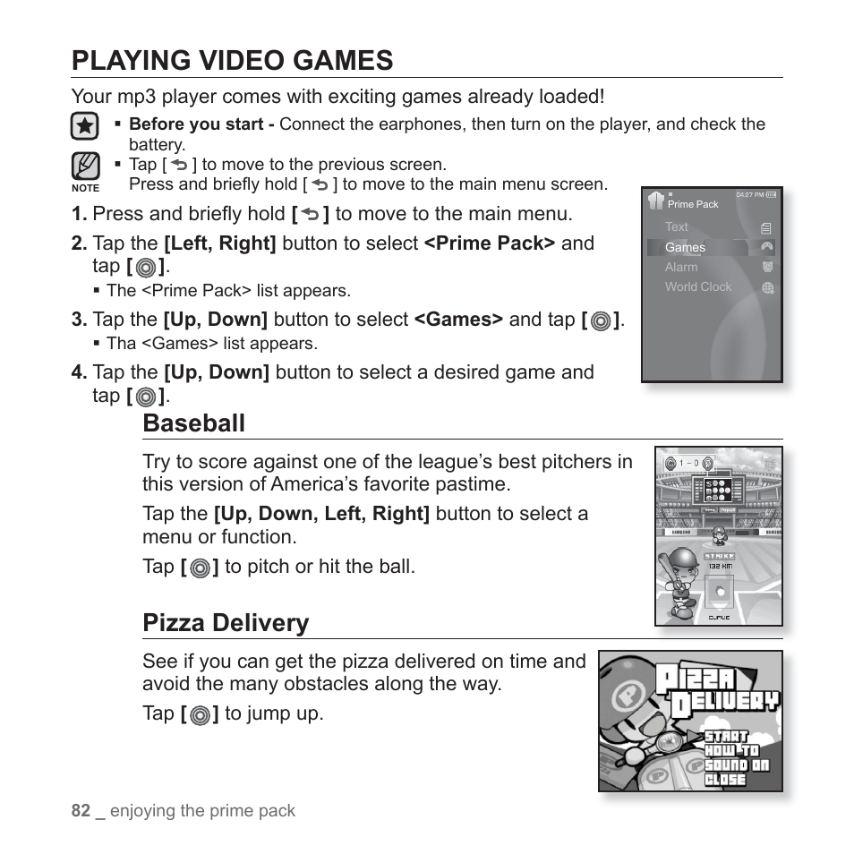 Playing video games, Baseball, Pizza delivery | Samsung YP-S3JAB-XAA User Manual | Page 82 / 101