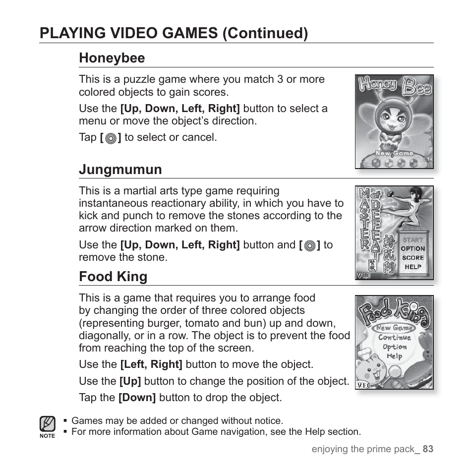 Playing video games (continued), Honeybee, Jungmumun | Food king | Samsung YP-S3JAB-XAA User Manual | Page 83 / 101