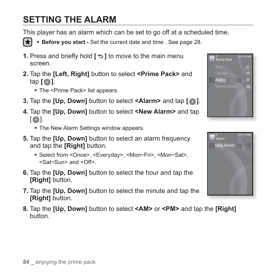 Setting the alarm | Samsung YP-S3JAB-XAA User Manual | Page 84 / 101