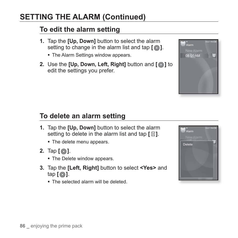 Setting the alarm (continued) | Samsung YP-S3JAB-XAA User Manual | Page 86 / 101