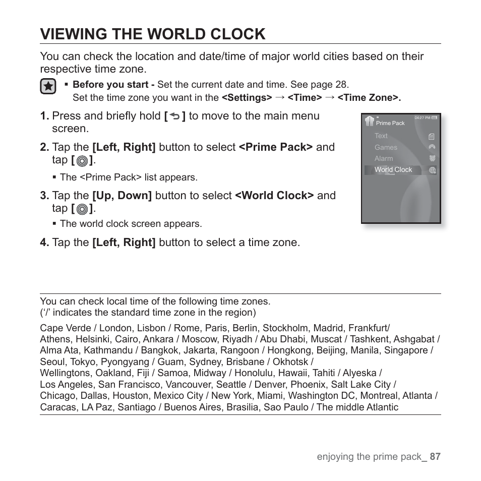 Viewing the world clock | Samsung YP-S3JAB-XAA User Manual | Page 87 / 101