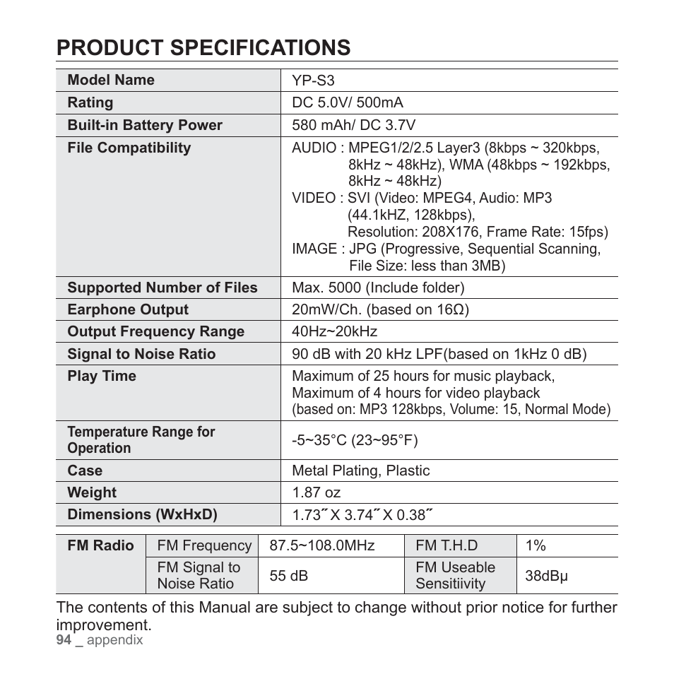 Product specifications | Samsung YP-S3JAB-XAA User Manual | Page 94 / 101